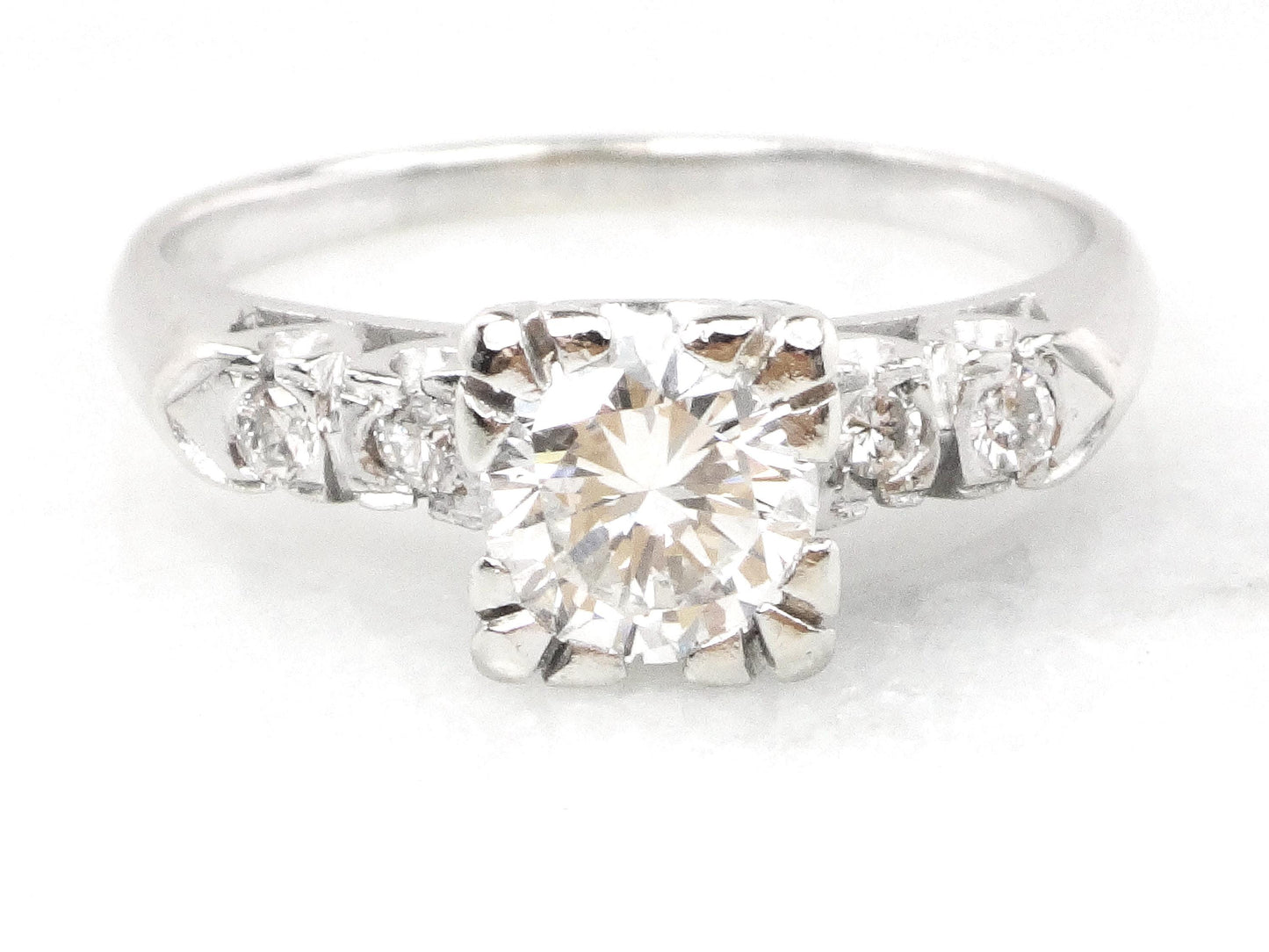 Vintage 14k White Gold Engagement Ring - Natural Round Brilliant Diamond Approximately .60 Carats TDW - Circa 1950's