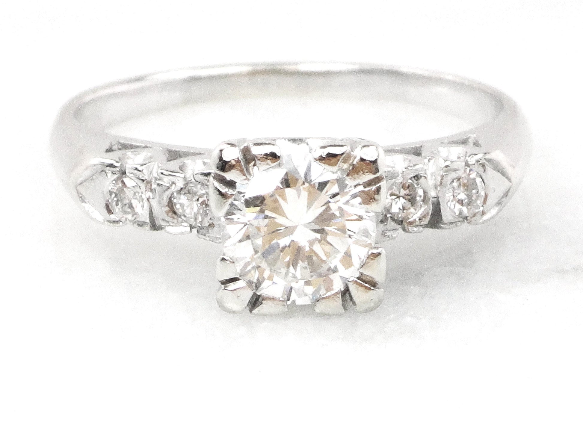 Vintage 14k White Gold Engagement Ring - Natural Round Brilliant Diamond Approximately .60 Carats TDW - Circa 1950's