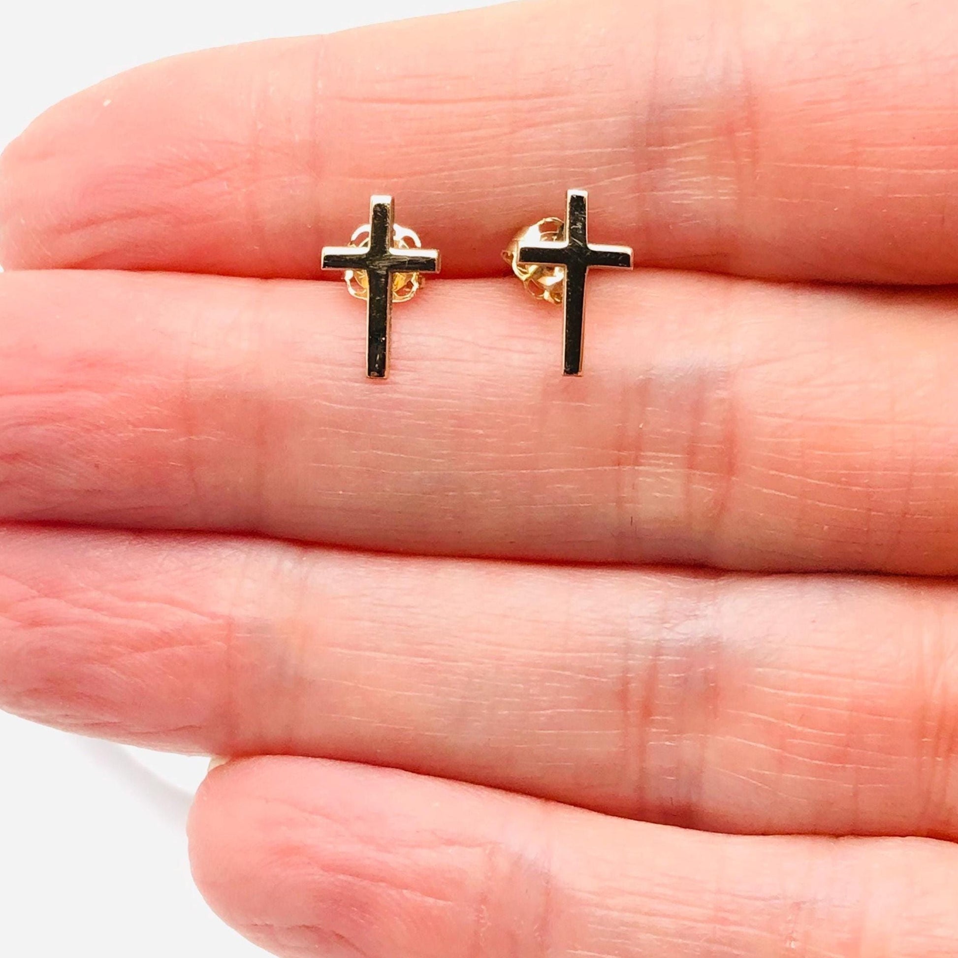 14k Yellow Gold Cross Earrings - Small Studs - Vintage Fine Jewelry