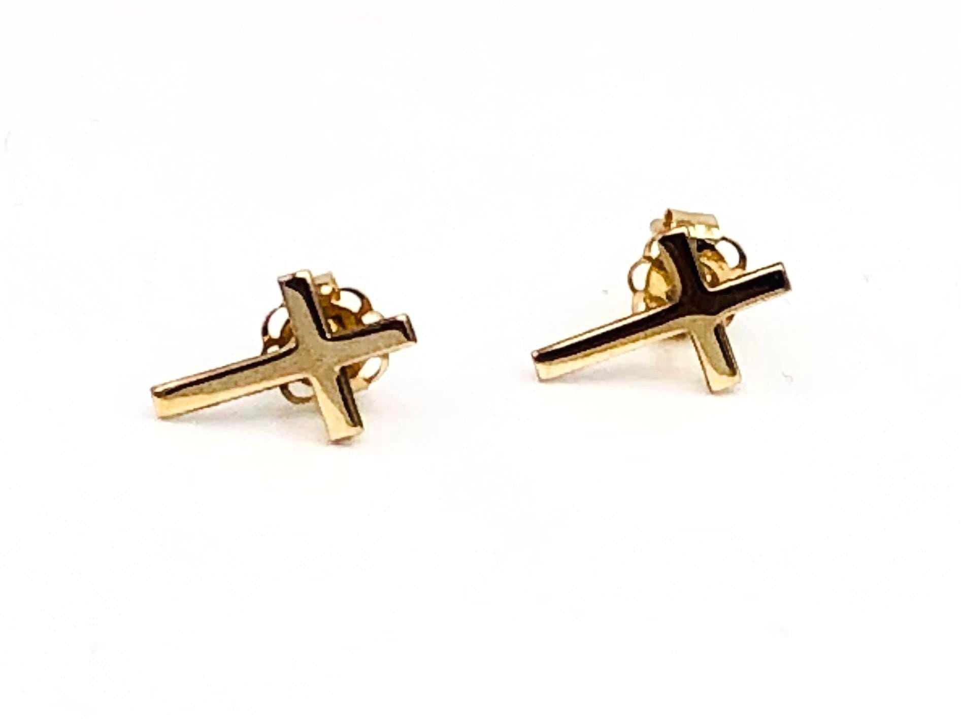 14k Yellow Gold Cross Earrings - Small Studs - Vintage Fine Jewelry