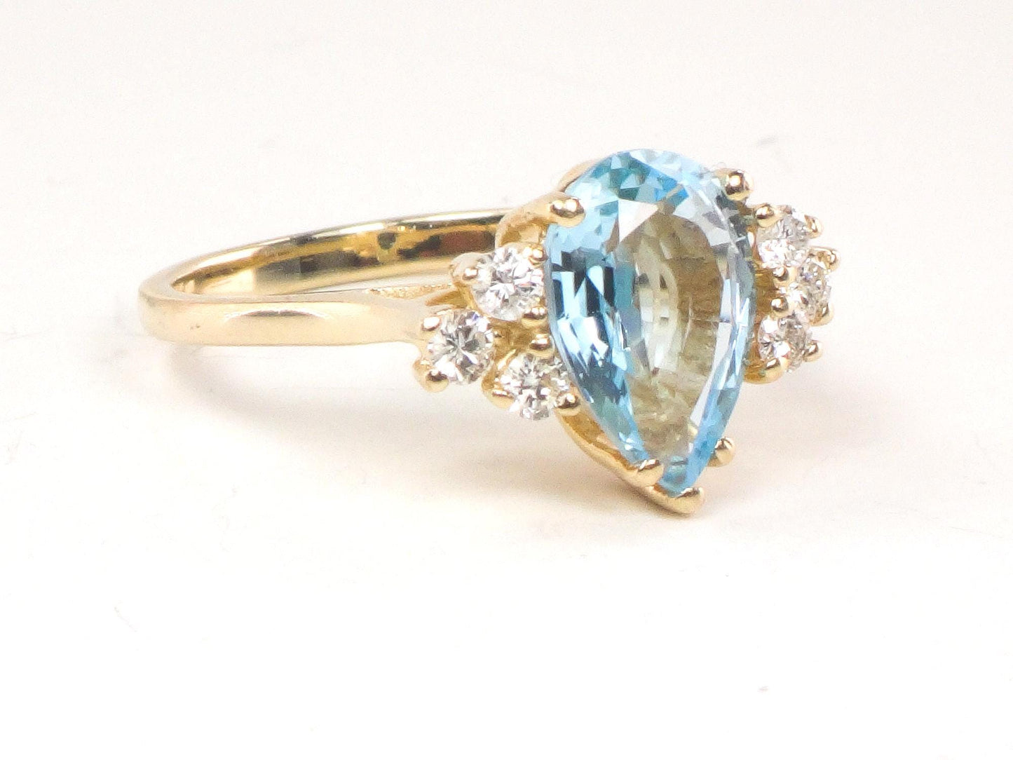 Vintage Pear Cut Blue Topaz Diamond Ring - 14k Yellow Gold December Birthstone, Size 7.75