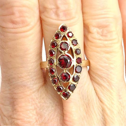 Vintage 14k Yellow Gold Garnet Cluster Ring - January Birthstone - 1960's - Adjustable