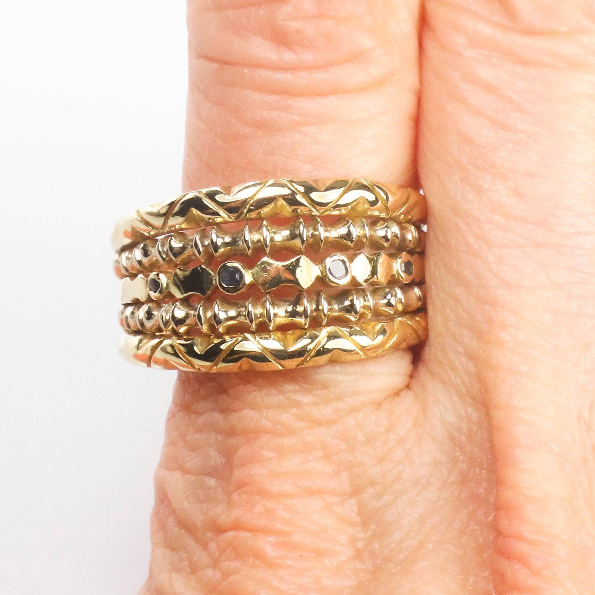 18k Yellow Gold Blue Sapphire Cigar Band Ring - Wide Stacking Multi-Band Style - Size 11.5 - Vintage Fine Jewelry