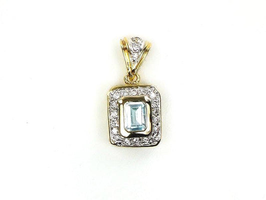 Vintage 14k Yellow Gold Blue Topaz Pendant with CZ Accents