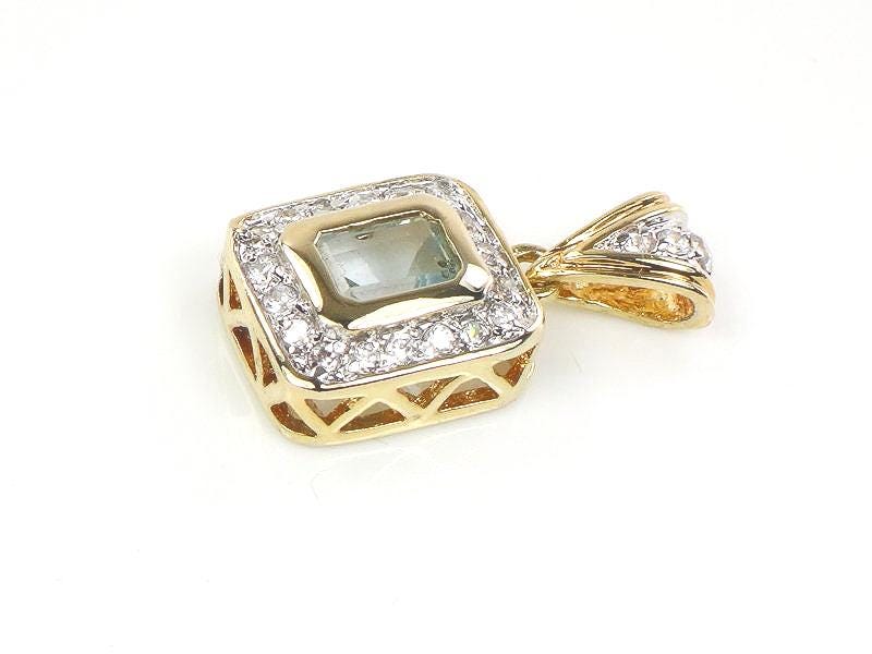 14k Light Blue Topaz and CZ Pendant - Vintage Yellow Gold Rectangle Cut March Birthstone - Fine Jewelry