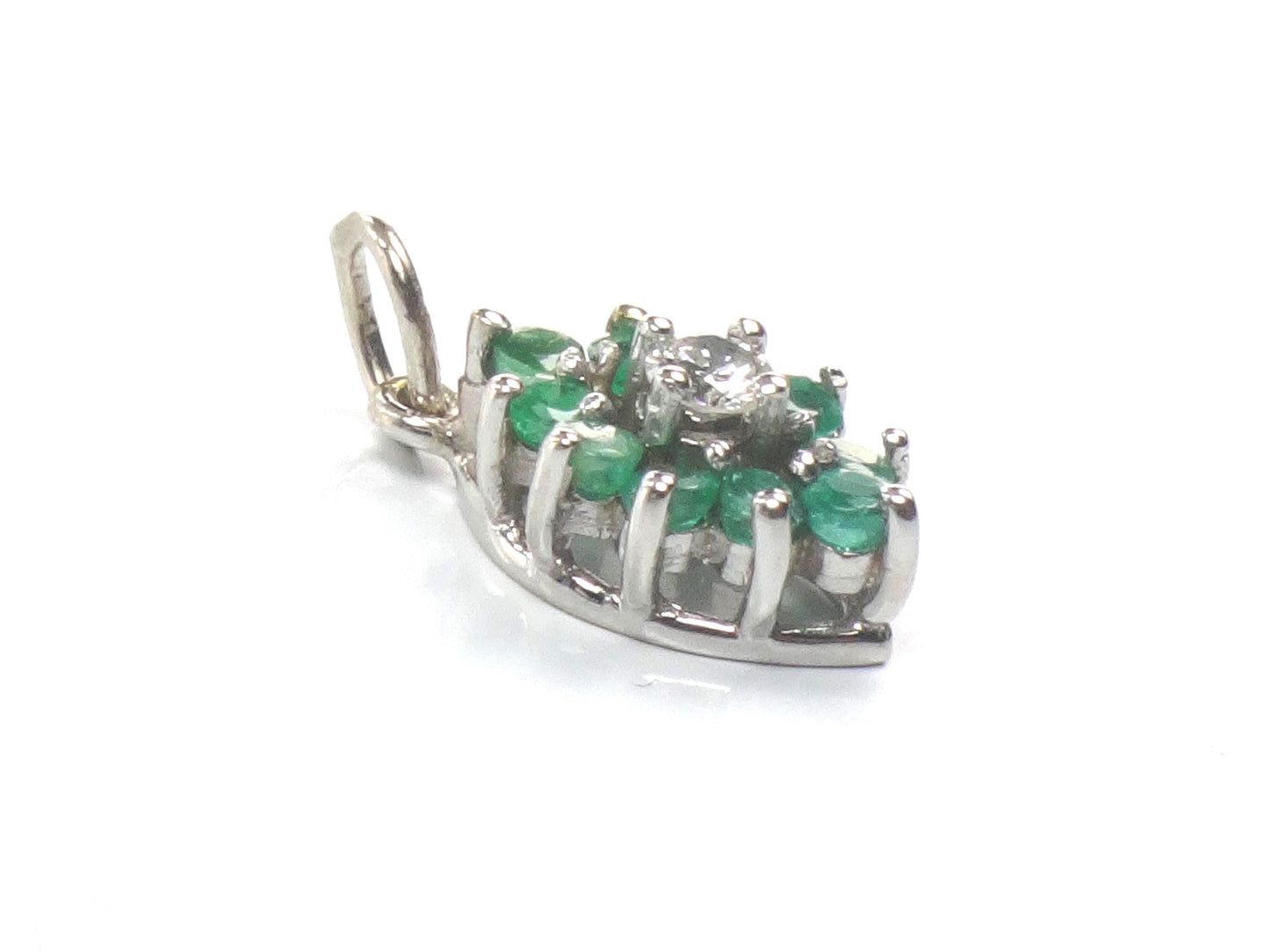 14k Diamond and Emerald Pendant - Vintage White Gold Green May Birthstone Charm - Natural Gemstones - Circa 1980's