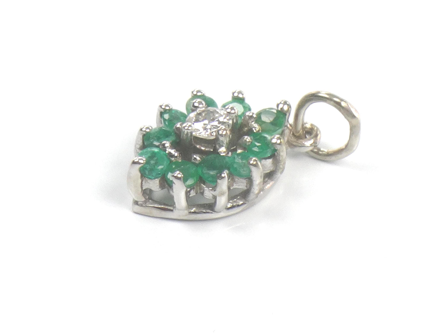 14k Diamond and Emerald Pendant - Vintage White Gold Green May Birthstone Charm - Natural Gemstones - Circa 1980's