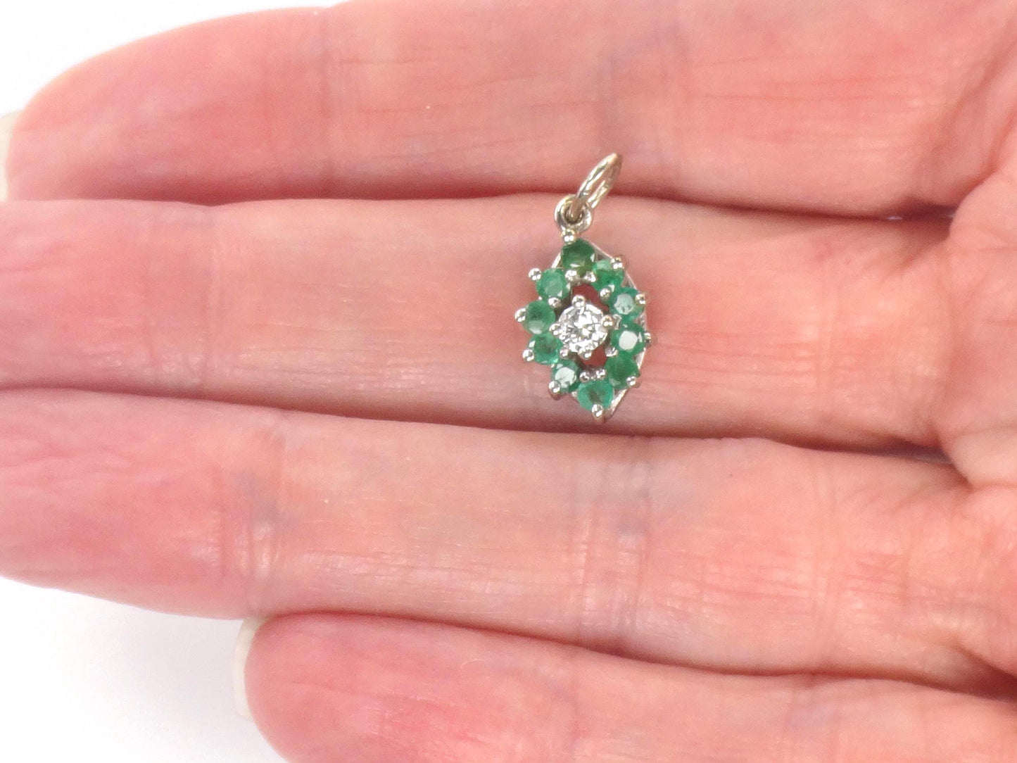 14k Diamond and Emerald Pendant - Vintage White Gold Green May Birthstone Charm - Natural Gemstones - Circa 1980's
