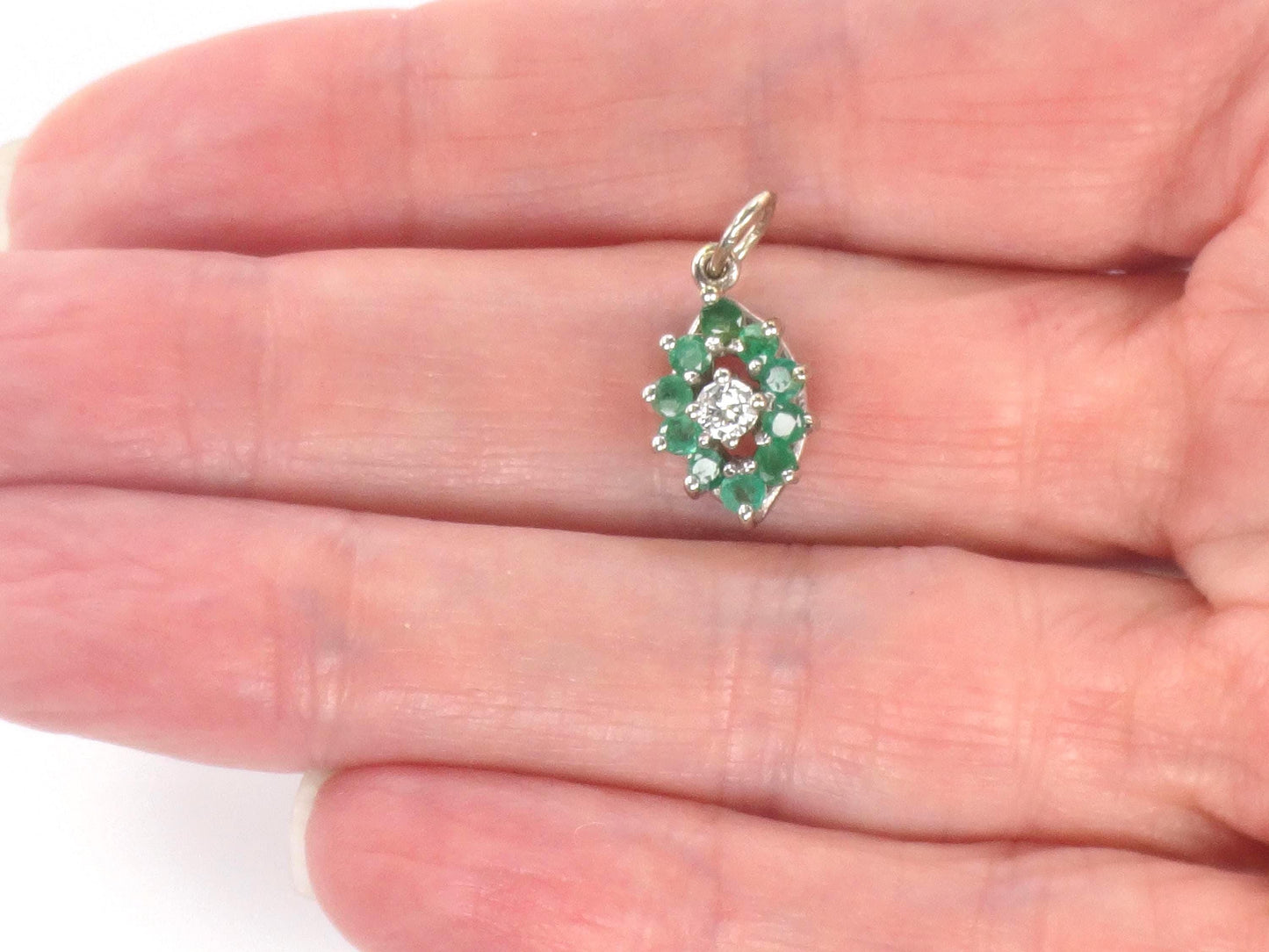 Vintage 14k White Gold Diamond & Emerald Pendant - May Birthstone - 1980s