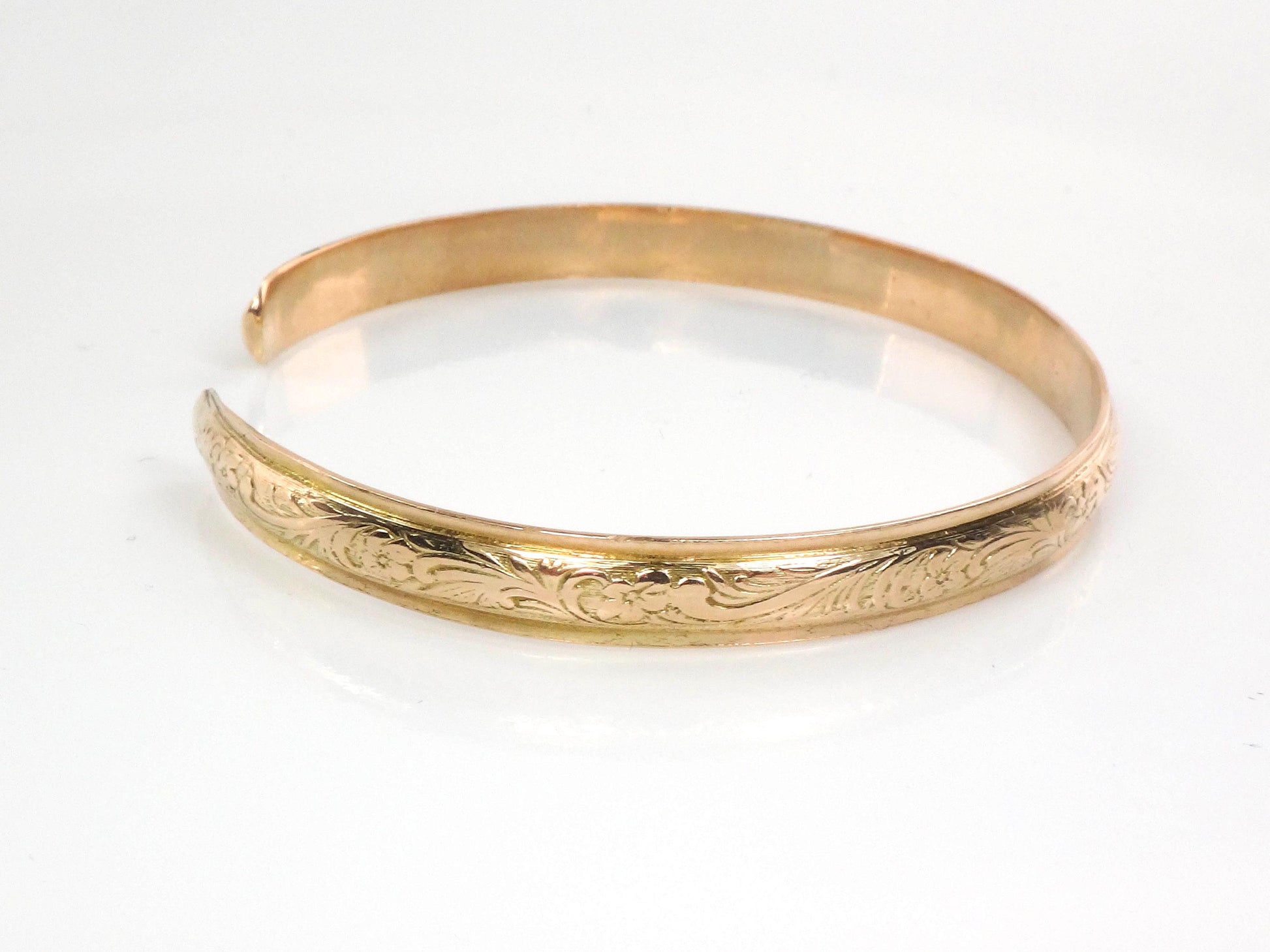 Vintage 10k Solid Yellow Gold Floral Cuff Bangle Bracelet