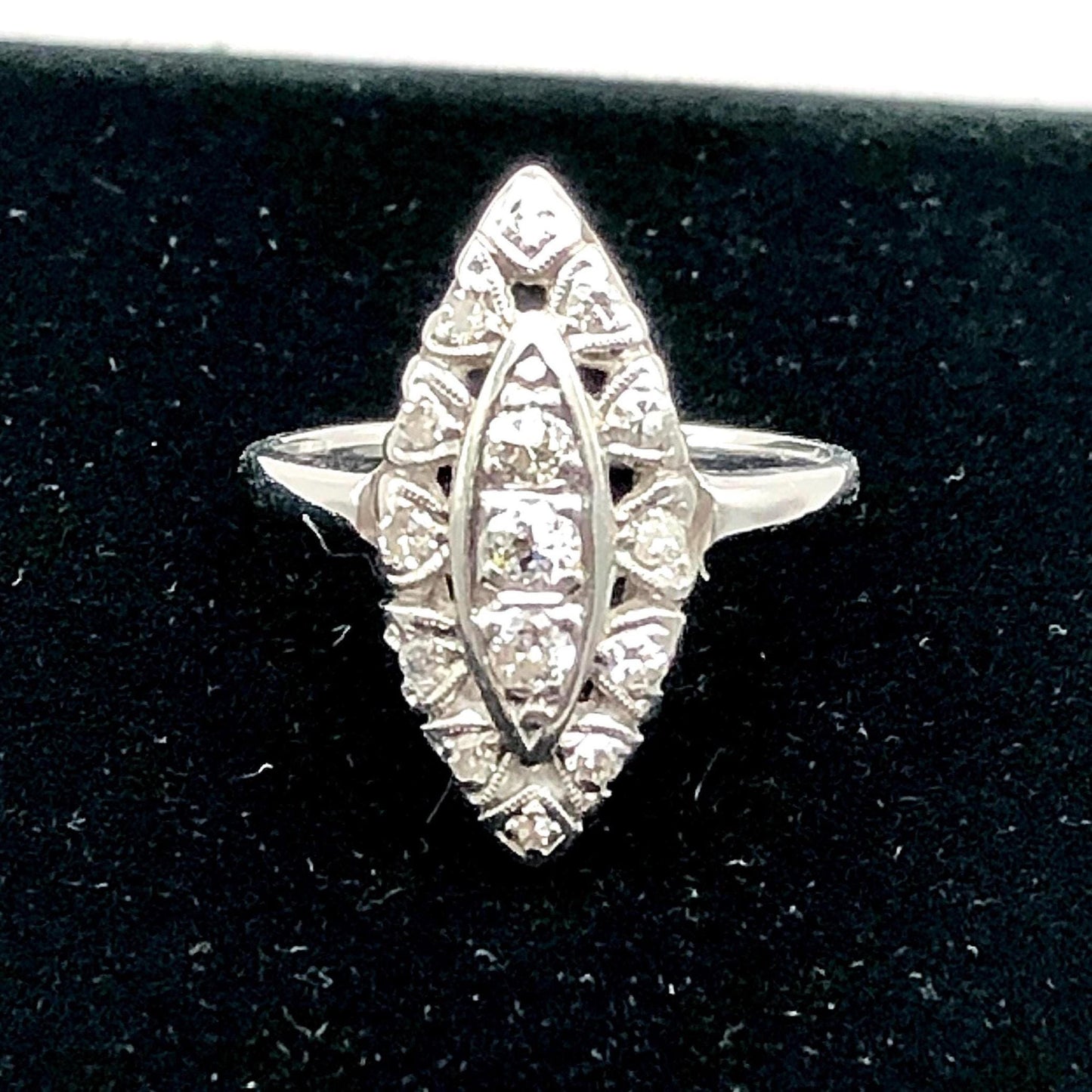 Vintage 14k White Gold Diamond Navette Ring - 1960s Cluster Style, Size 5.5