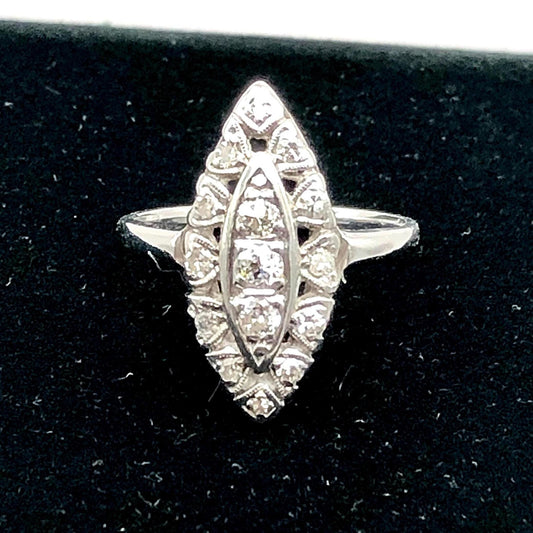 Vintage 14k White Gold Diamond Navette Ring - 1960s Cluster Style, Size 5.5