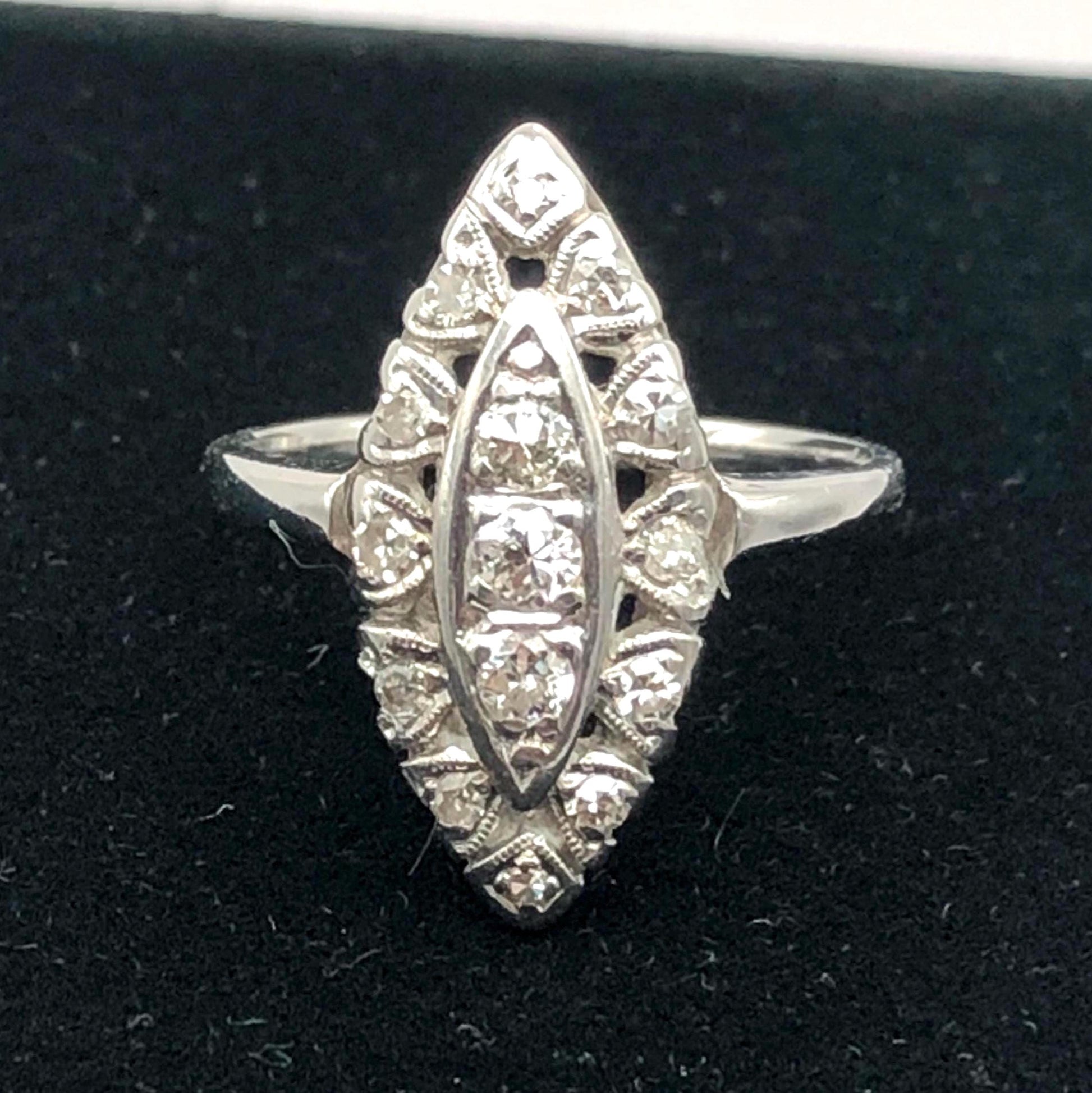 Vintage 14k White Gold Diamond Navette Ring - 1960s Cluster Style, Size 5.5