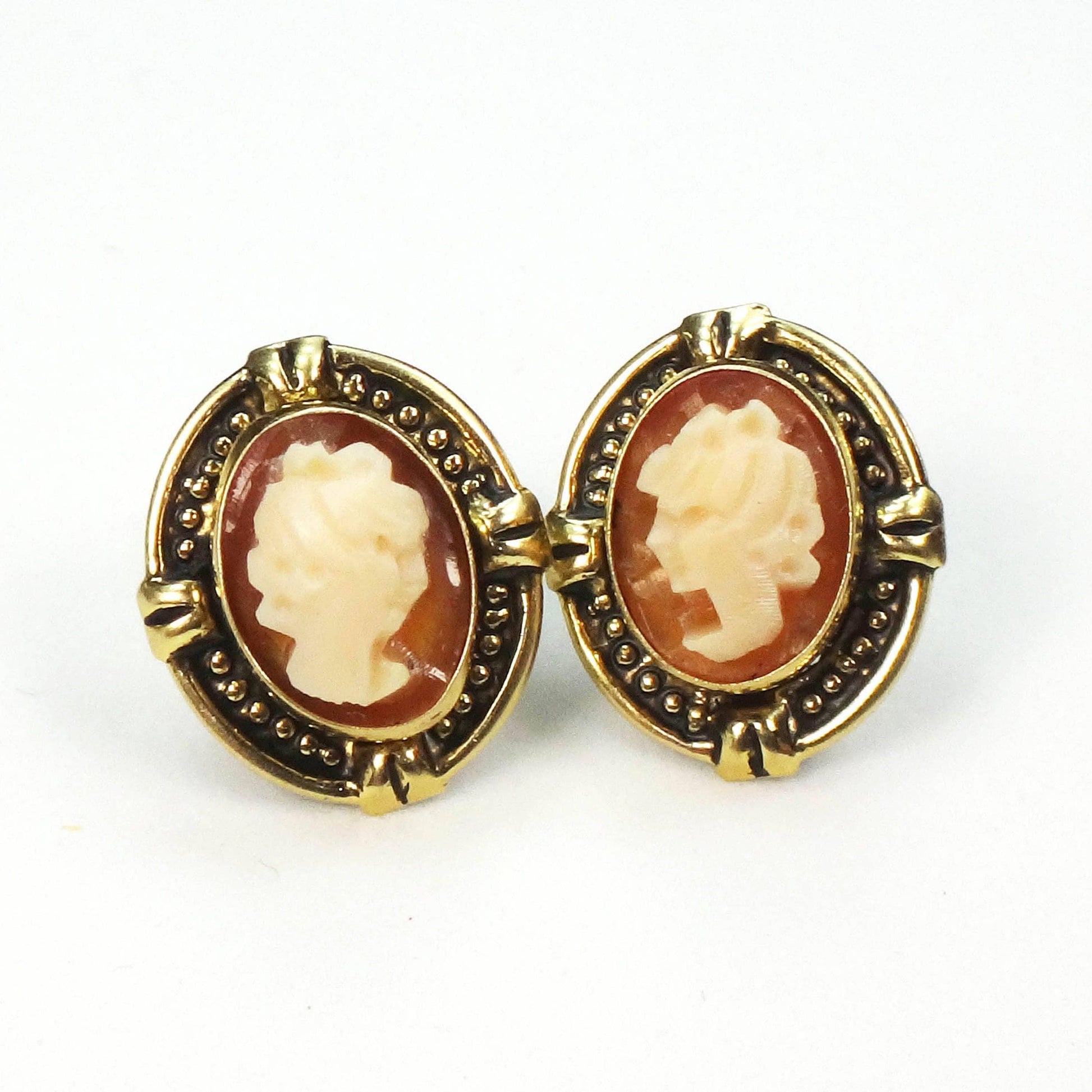 14k Gold Cameo Earrings with Post Backs - Small Studs - Vintage Fine Jewelry