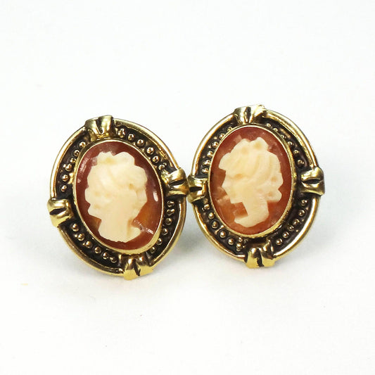 14k Gold Cameo Earrings with Post Backs - Small Studs - Vintage Fine Jewelry