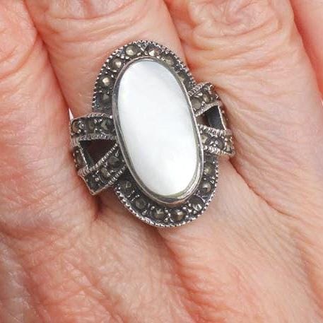 Vintage Sterling Silver Mother of Pearl Ring with Marcasite, Large MOP Ring, Size 5.75