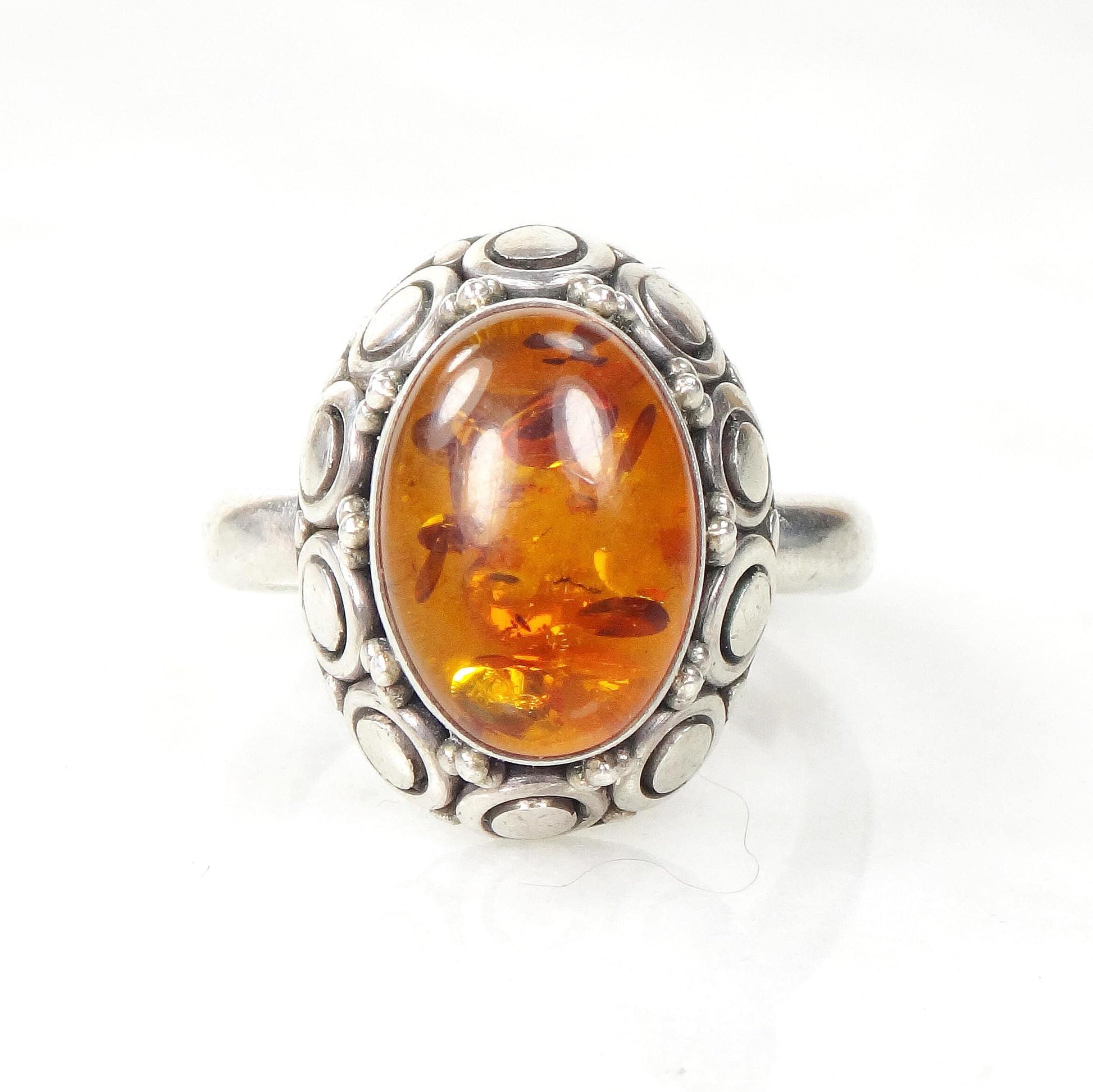 Sterling Silver Amber Ring - Vintage Suarti 925 BA Boho Style - Size 8.75