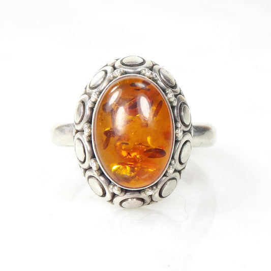 Sterling Silver Amber Ring - Vintage Suarti 925 BA Boho Style - Size 8.75