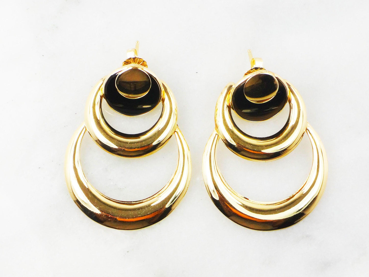 Large 14k Yellow Gold Circles and Onyx Dangle Earrings - Vintage Circa 1980's Fine Jewelry