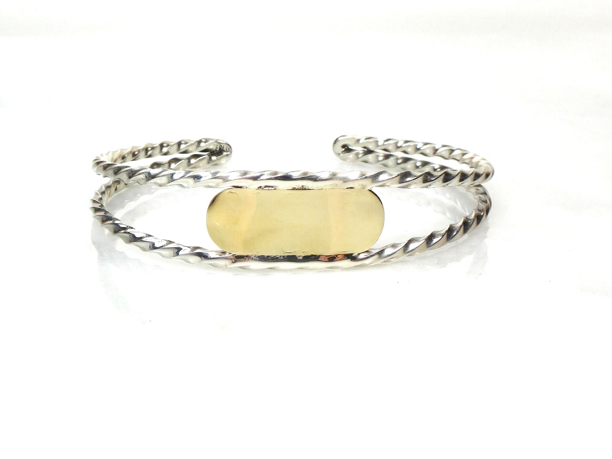 Vintage 14k Gold and Sterling Silver Cuff - Mixed Metal Monogram Name Bracelet - Engravable ID Jewelry - Circa 1970's