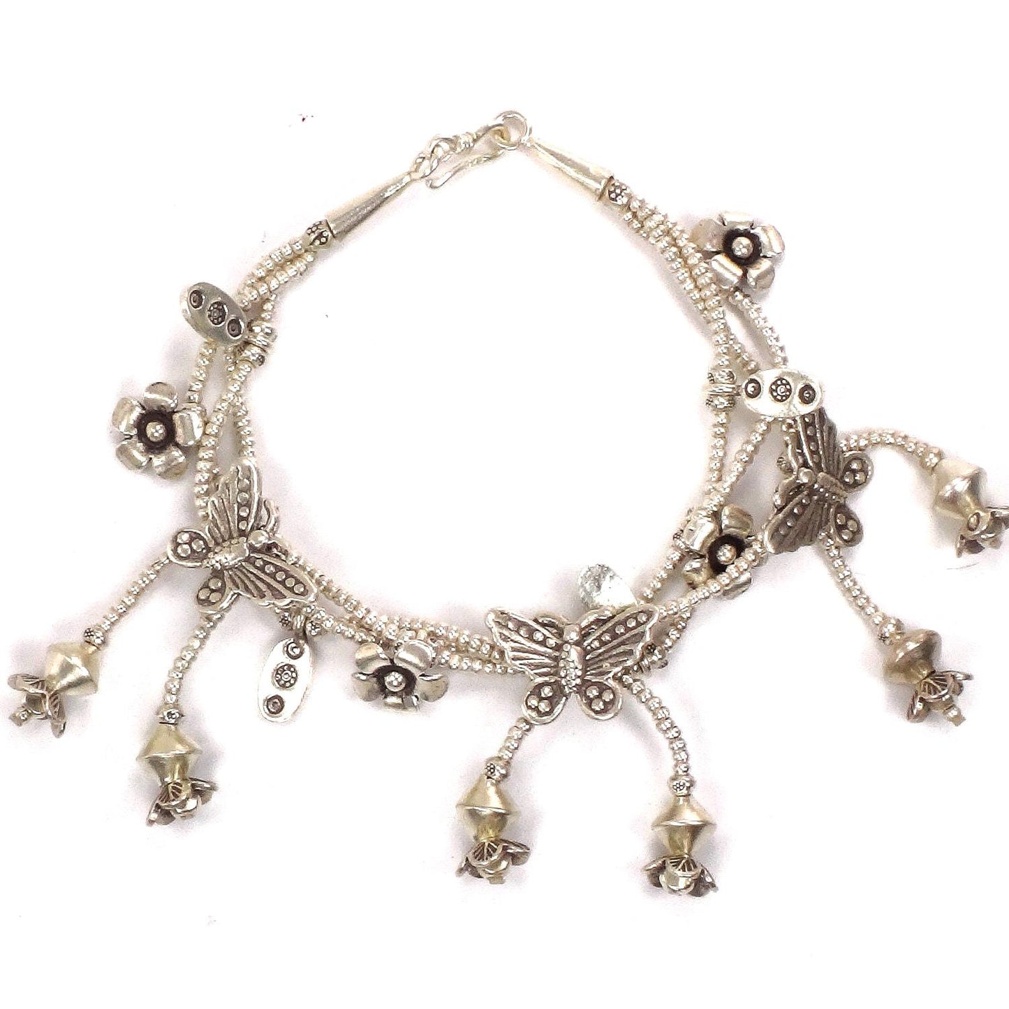 Vintage Sterling Silver Butterfly and Flower Dangle Charm Bracelet - Three Strand Floral Bracelet - 7.25"