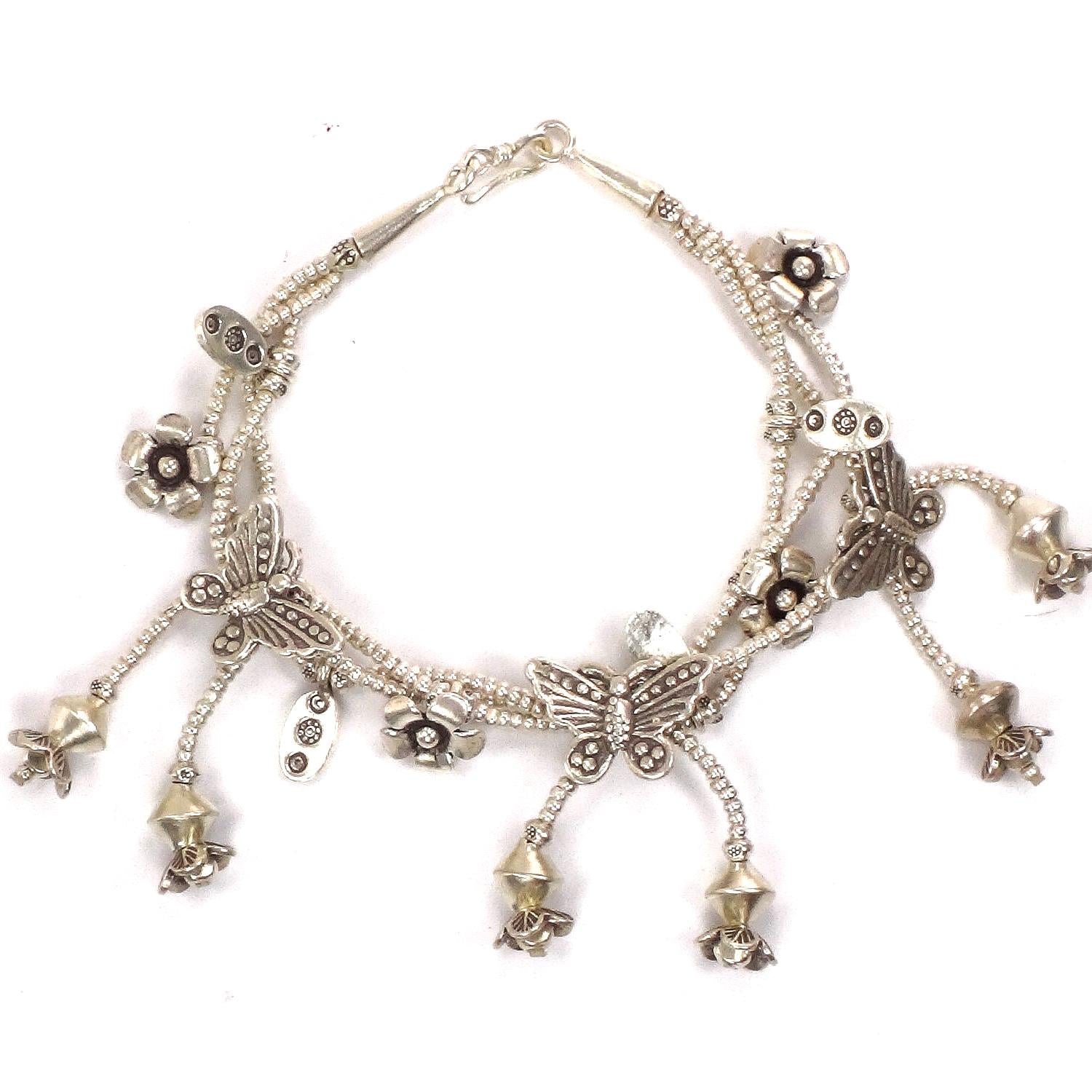 Vintage Sterling Silver Butterfly and Flower Dangle Charm Bracelet - Three Strand Floral Bracelet - 7.25"