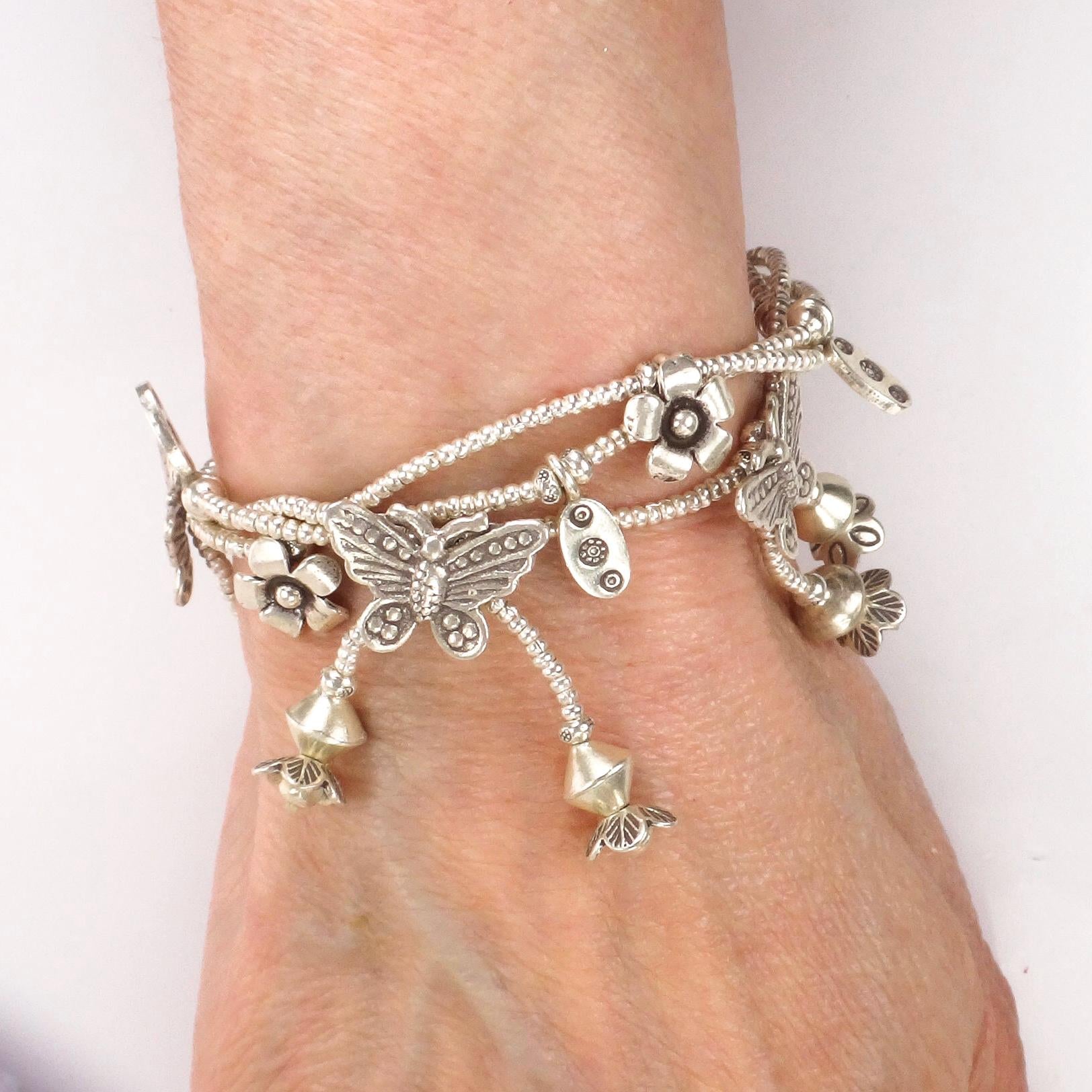 Vintage Sterling Silver Butterfly and Flower Dangle Charm Bracelet - Three Strand Floral Bracelet - 7.25"