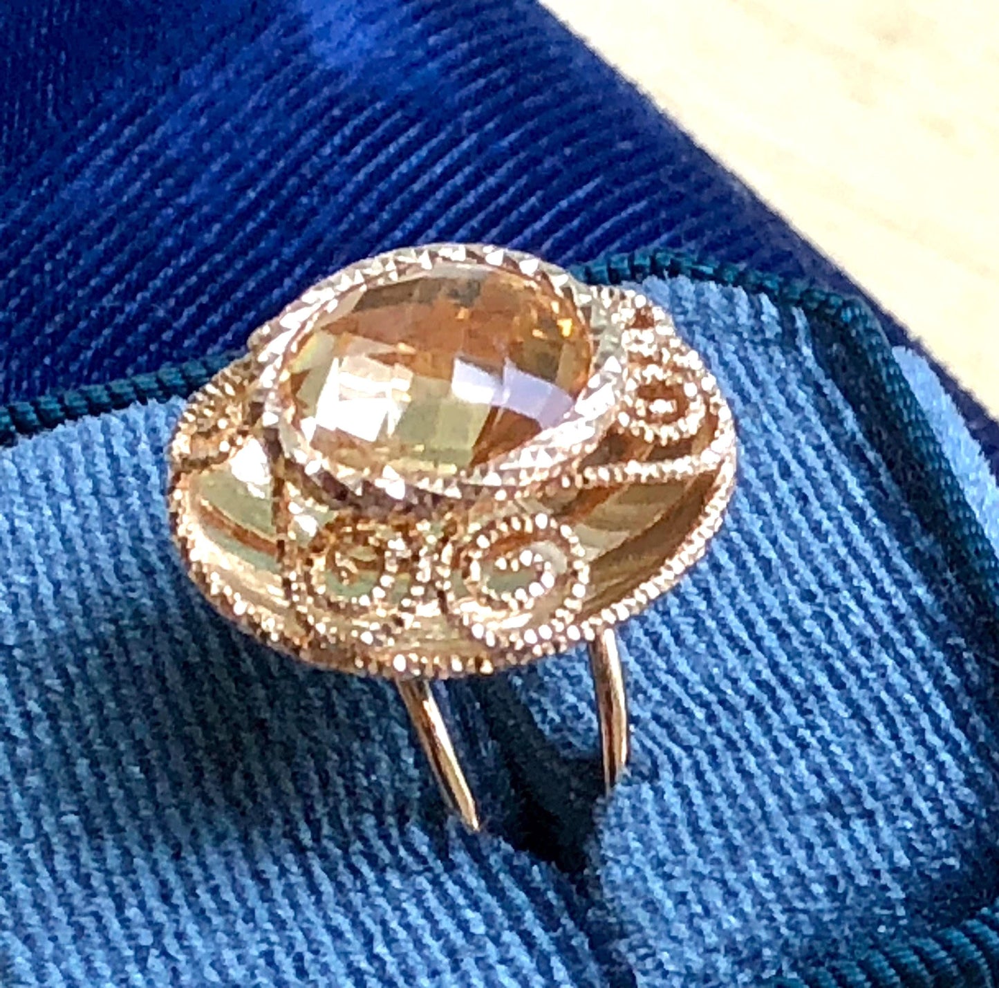 Vintage 14k Yellow Gold Citrine Ring: Checkerboard Cocktail Ring, Size 7.25