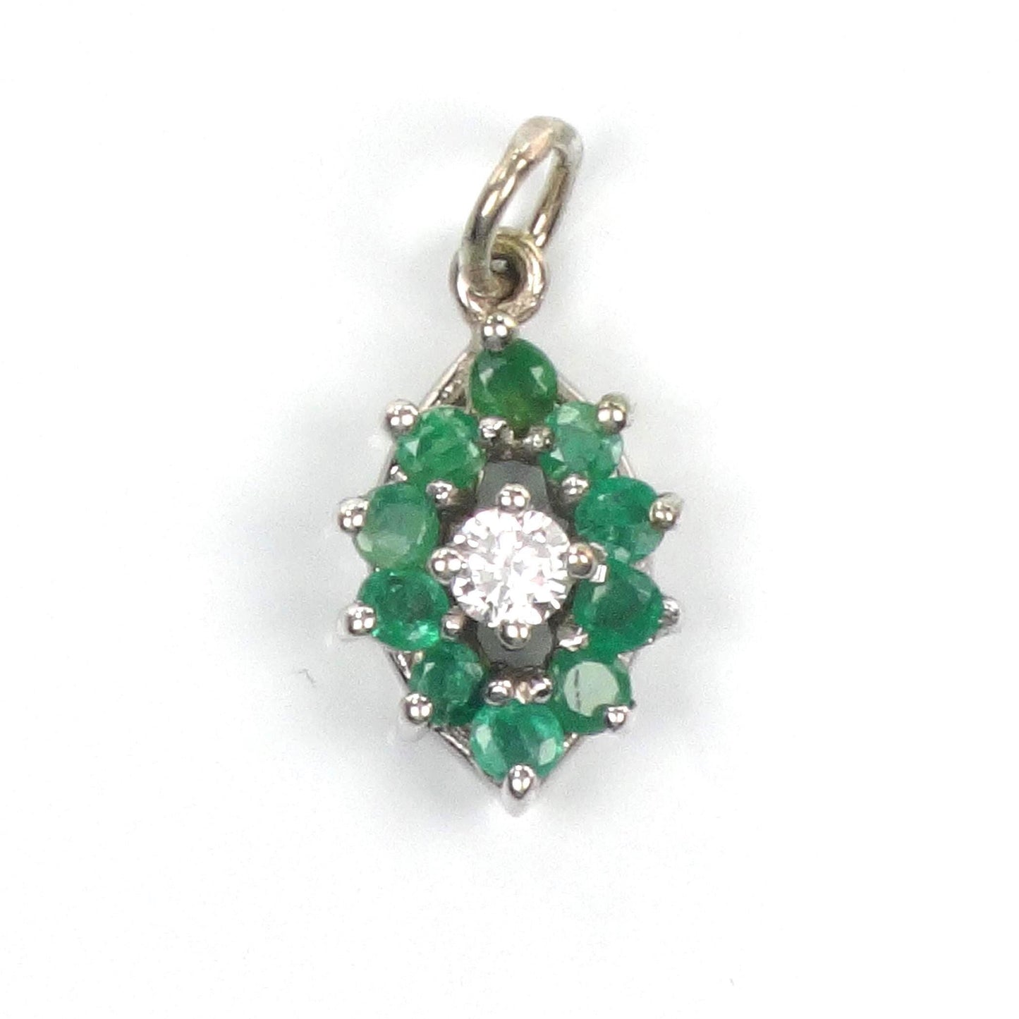 14k Diamond and Emerald Pendant - Vintage White Gold Green May Birthstone Charm - Natural Gemstones - Circa 1980's