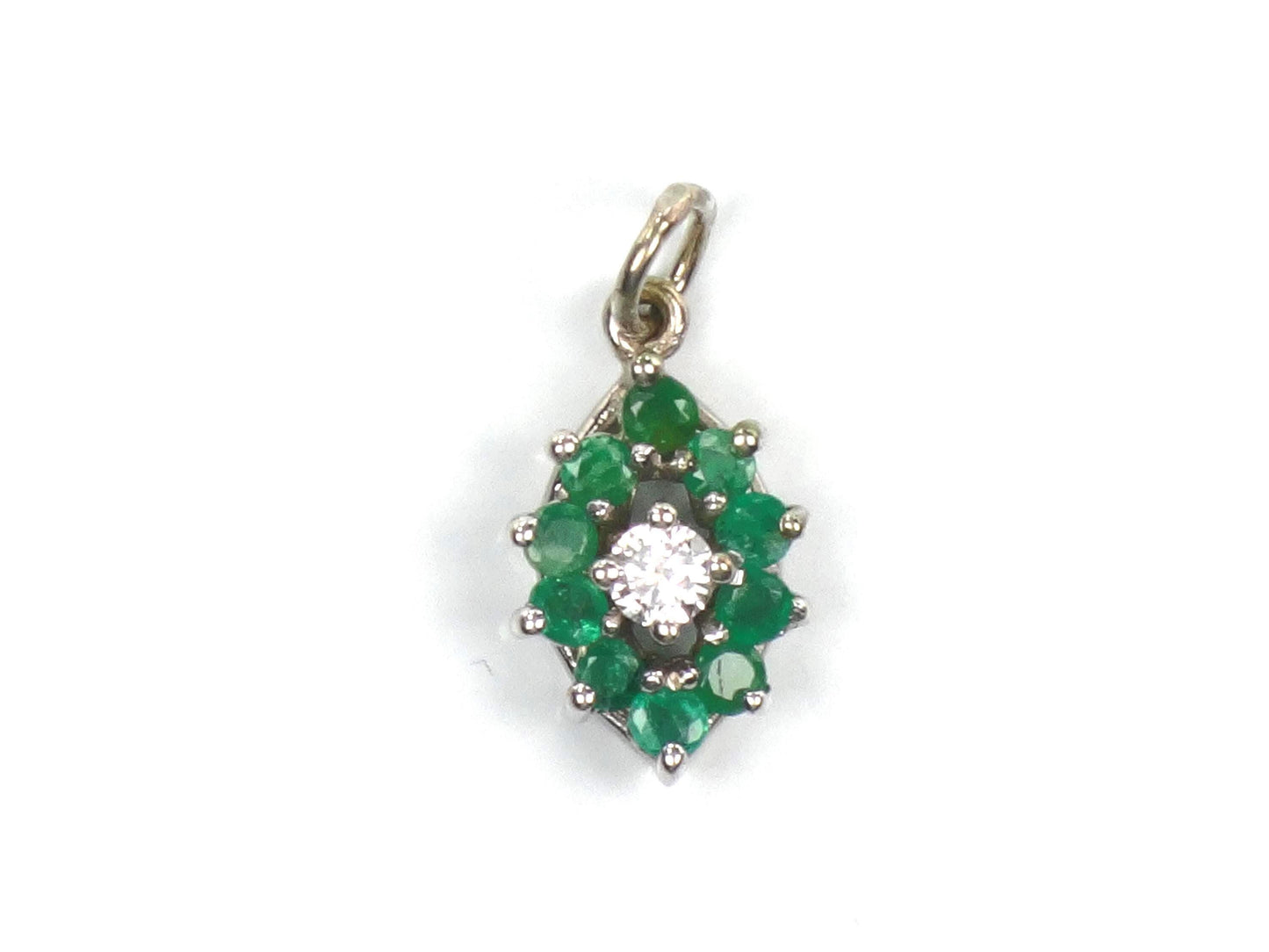 14k Diamond and Emerald Pendant - Vintage White Gold Green May Birthstone Charm - Natural Gemstones - Circa 1980's