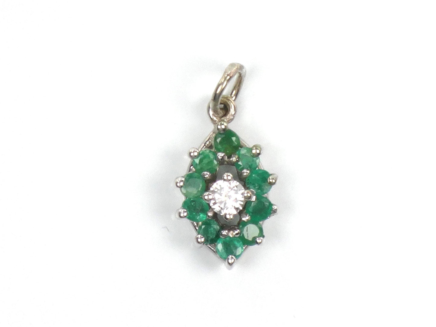 14k Diamond and Emerald Pendant - Vintage White Gold Green May Birthstone Charm - Natural Gemstones - Circa 1980's