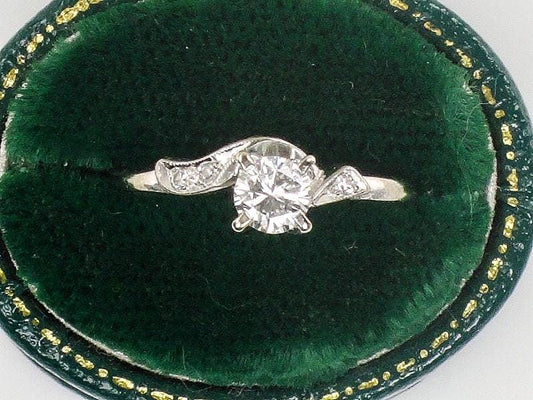 Vintage Keepsake Diamond Engagement Ring: 14k White Gold, Round Brilliant Cut