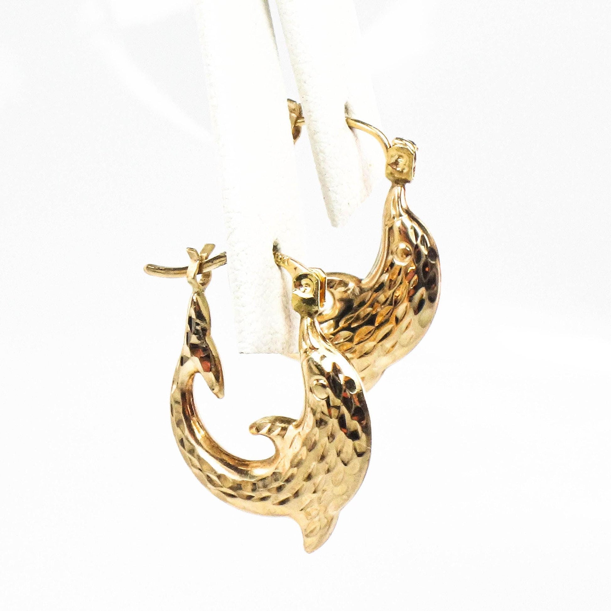 Vintage 10k Yellow Gold Dolphin Hoop Earrings, Hammered Gold Earrings