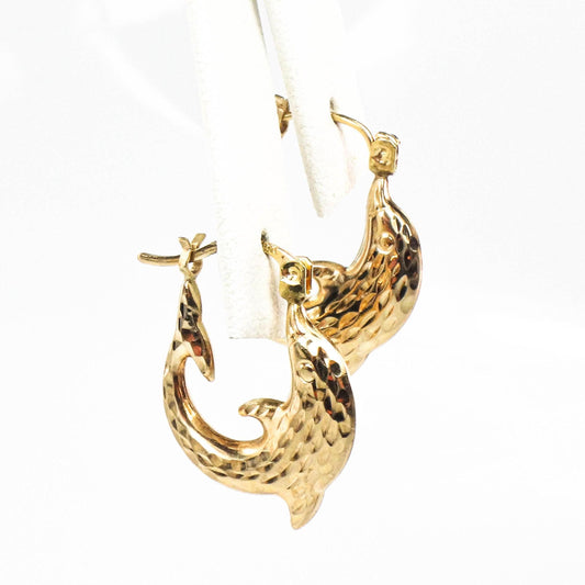 Vintage 10k Yellow Gold Dolphin Hoop Earrings, Hammered Gold Earrings