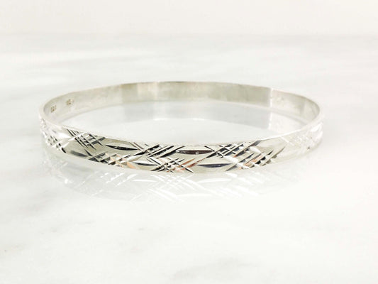 Sterling Silver Diamond Cut Bangle - Vintage Mexico 925 Large Sterling Slip On Bracelet