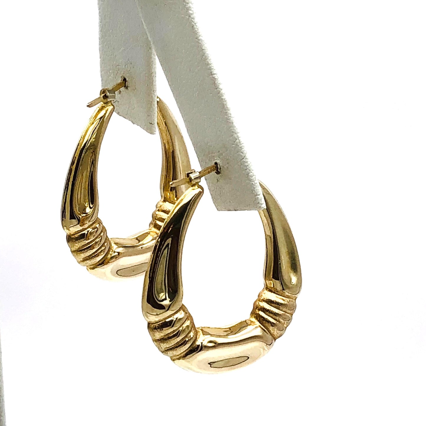 Yellow Gold Oval Hoop Earrings with Fancy Design - 14k Vintage Fine Jewelry