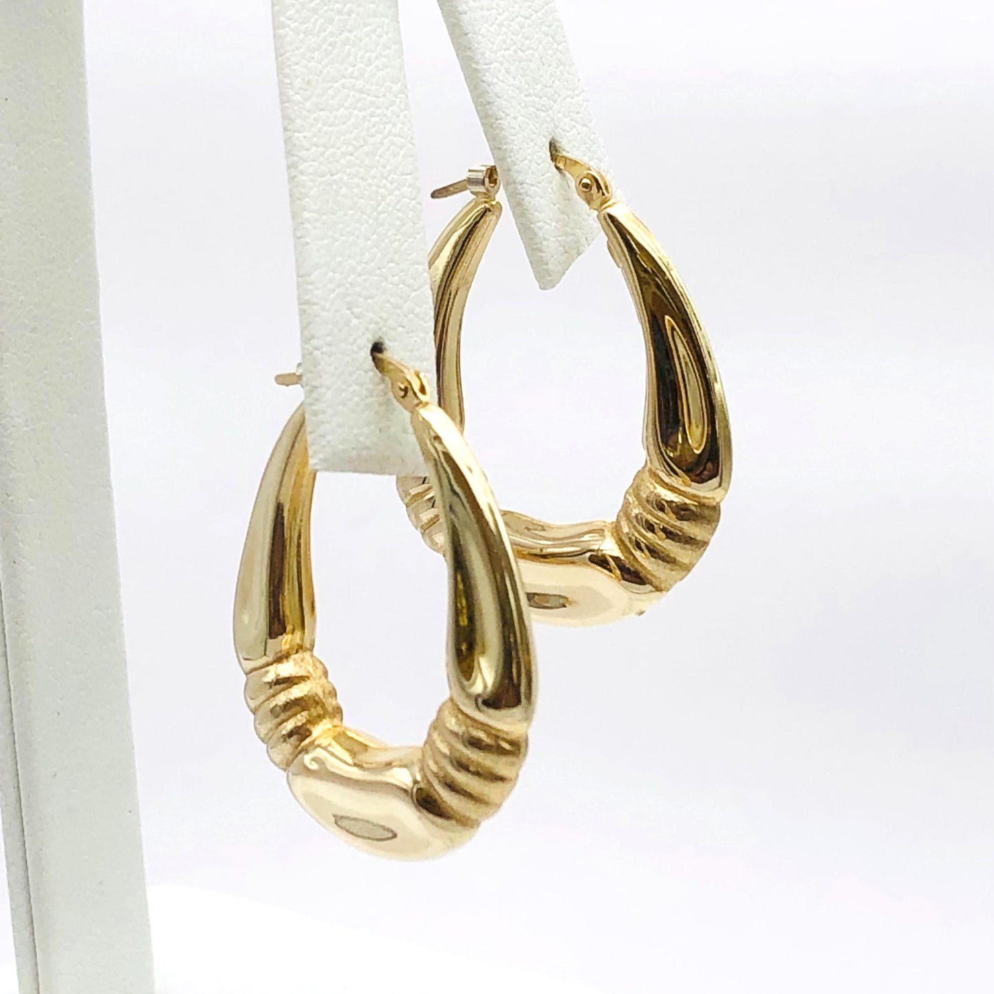 Yellow Gold Oval Hoop Earrings with Fancy Design - 14k Vintage Fine Jewelry