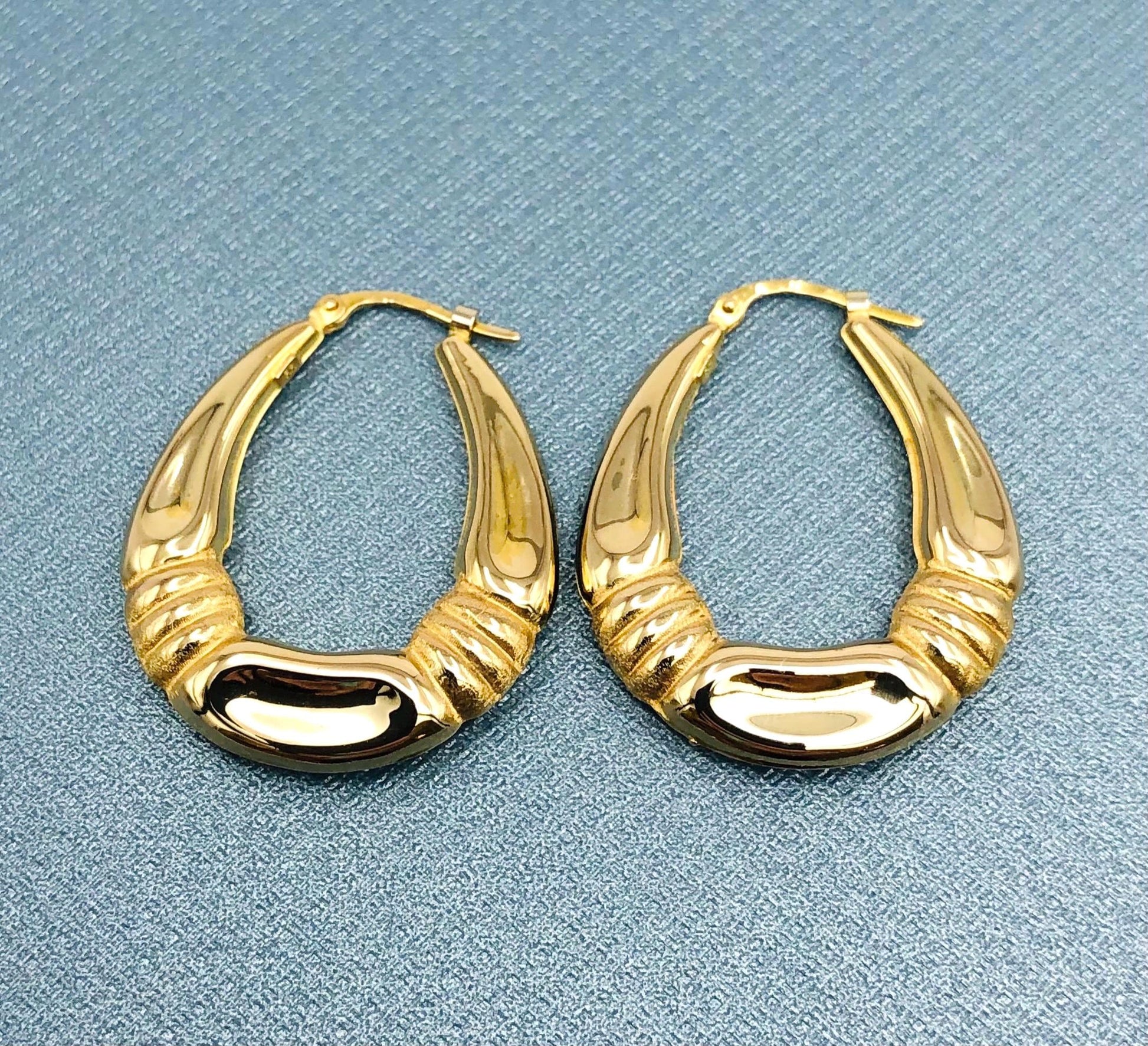 Yellow Gold Oval Hoop Earrings with Fancy Design - 14k Vintage Fine Jewelry