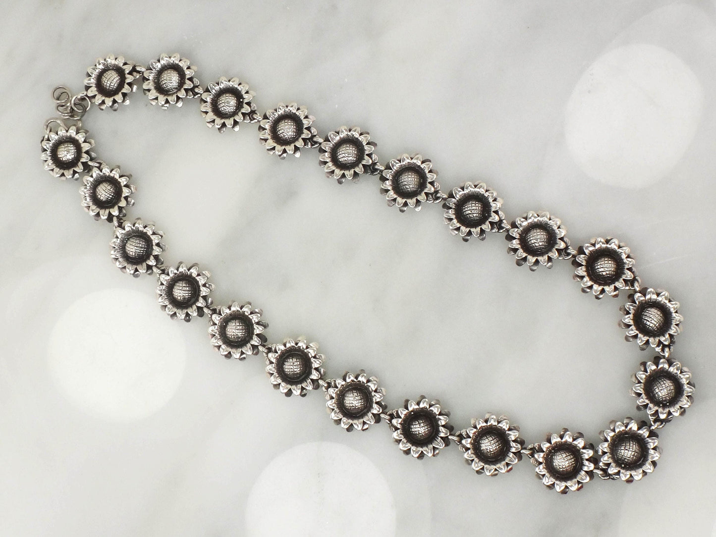Silver Sunflower Necklace - Vintage Bold Floral Heavy Sterling Jewelry - 19"