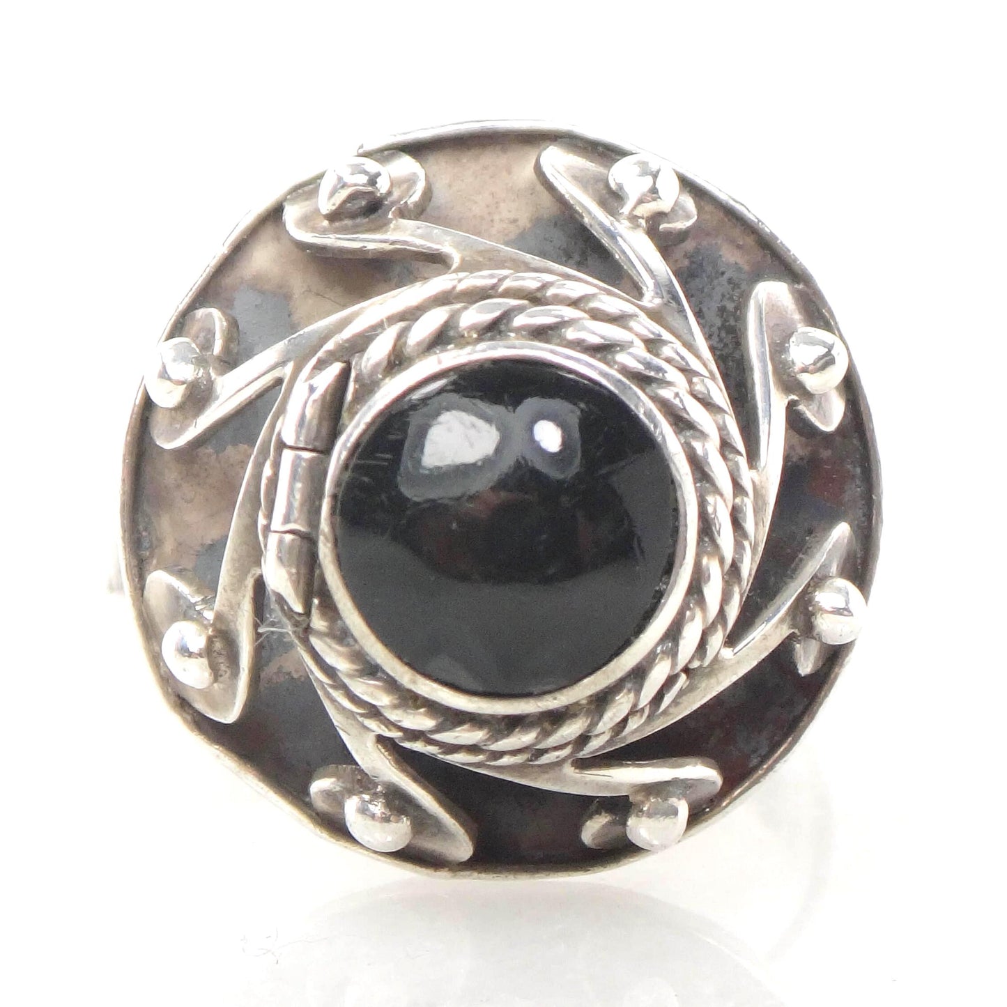 Vintage Sterling Silver Onyx Ring - Mexico Eagle Mark Black Stone Poison Ring - Adjustable Size