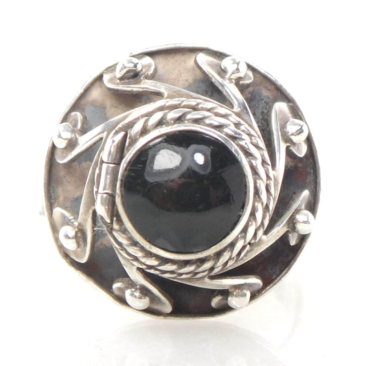 Vintage Sterling Silver Onyx Ring - Mexico Eagle Mark Black Stone Poison Ring - Adjustable Size