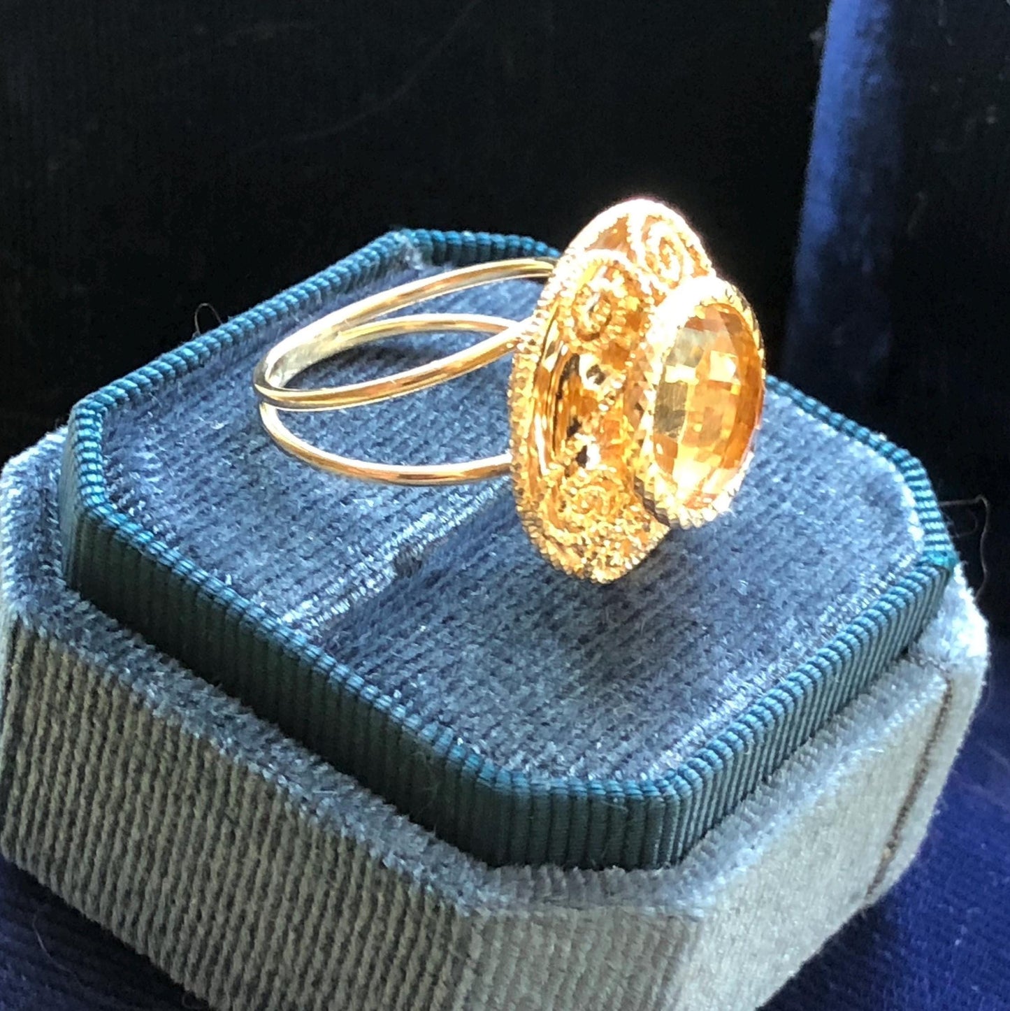 Vintage 14k Yellow Gold Citrine Ring: Checkerboard Cocktail Ring, Size 7.25