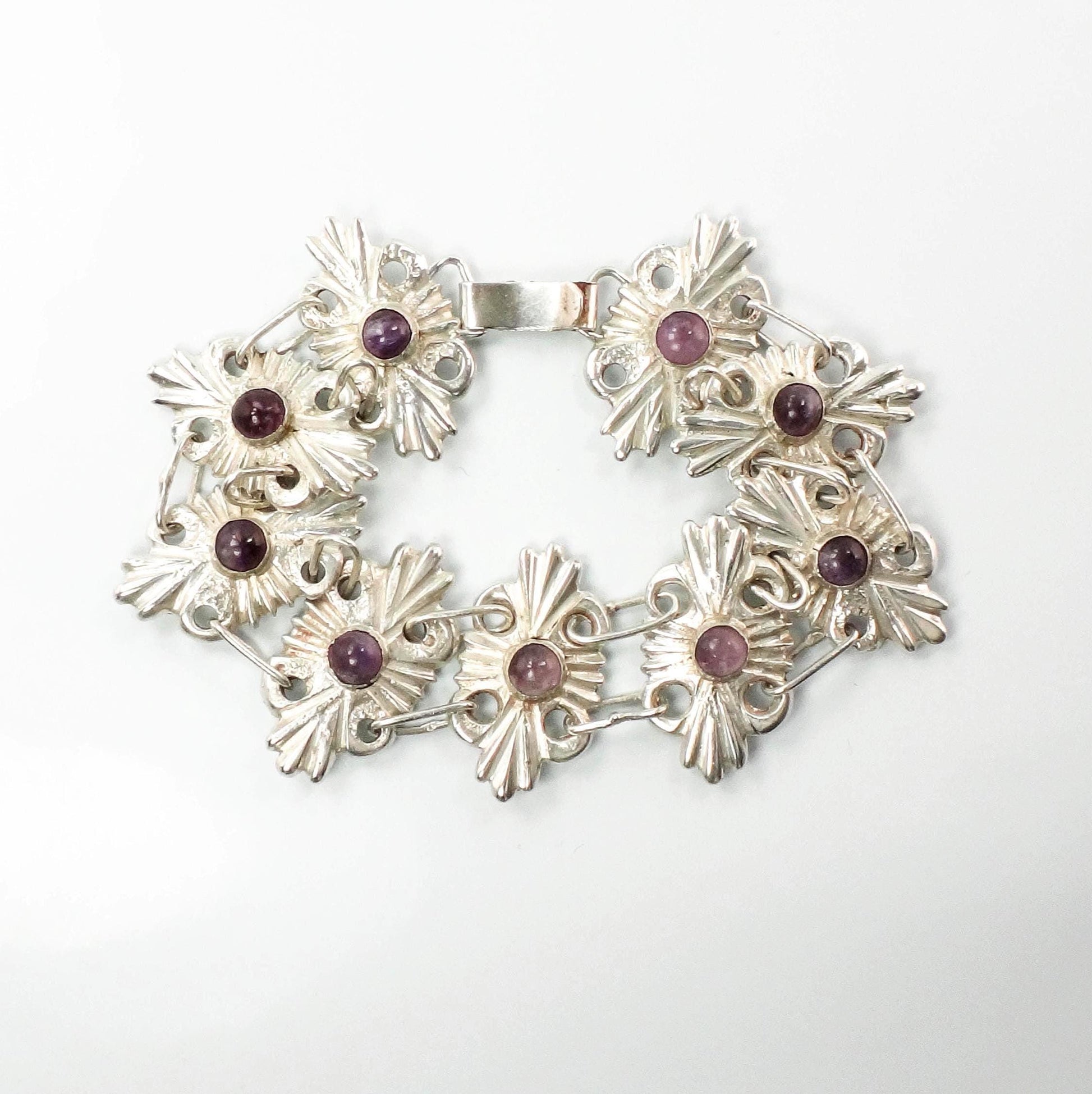 Vintage Mexico Silver Amethyst Bracelet: Ornate Handmade Panel Design