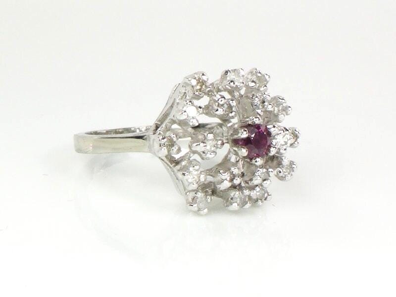 Ruby and Diamond Cluster Ring, 14k White Gold Natural Gemstone, Mid Century Modern Starburst Dome Cocktail, Size 6.25