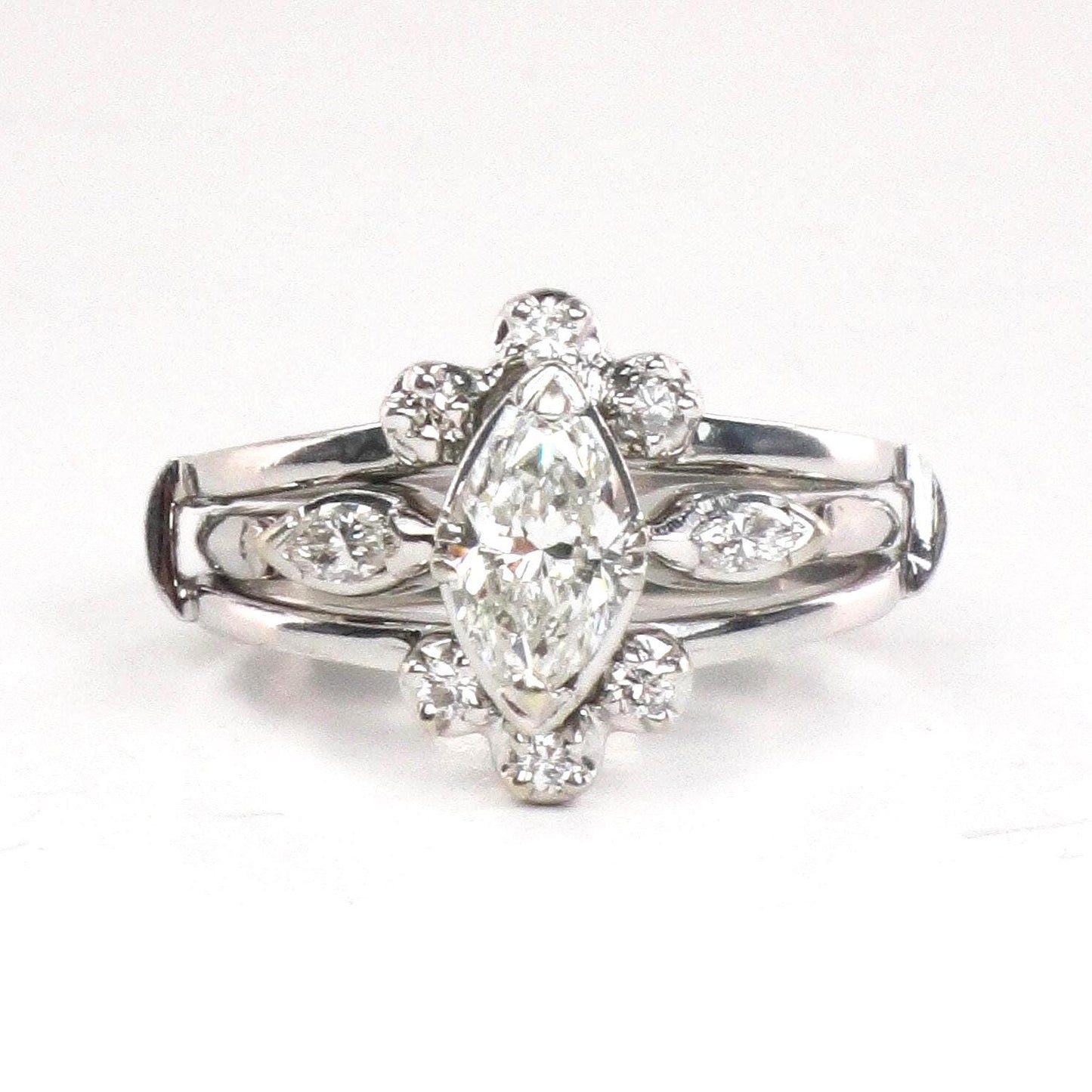 Vintage 14k White Gold Natural Diamond Engagement Ring Set, Marquise Diamond Ring with Diamond Insert Wedding Band Size 5.75