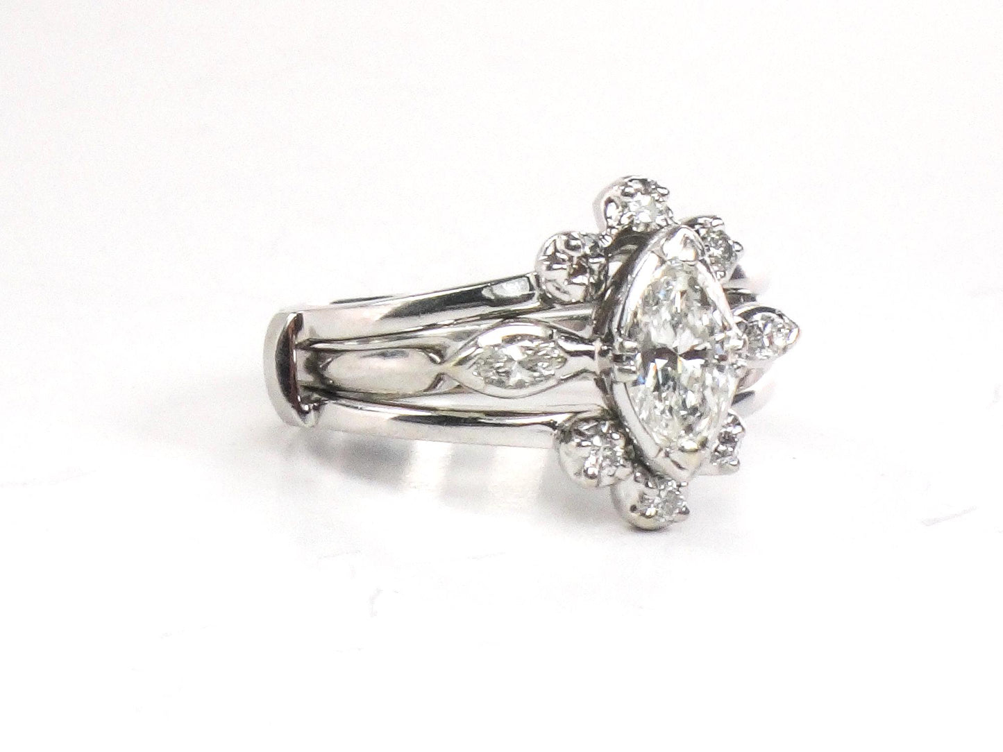 Vintage Marquise Diamond Engagement Ring Set: 14k White Gold, Insert Wedding Band, Size 5.75