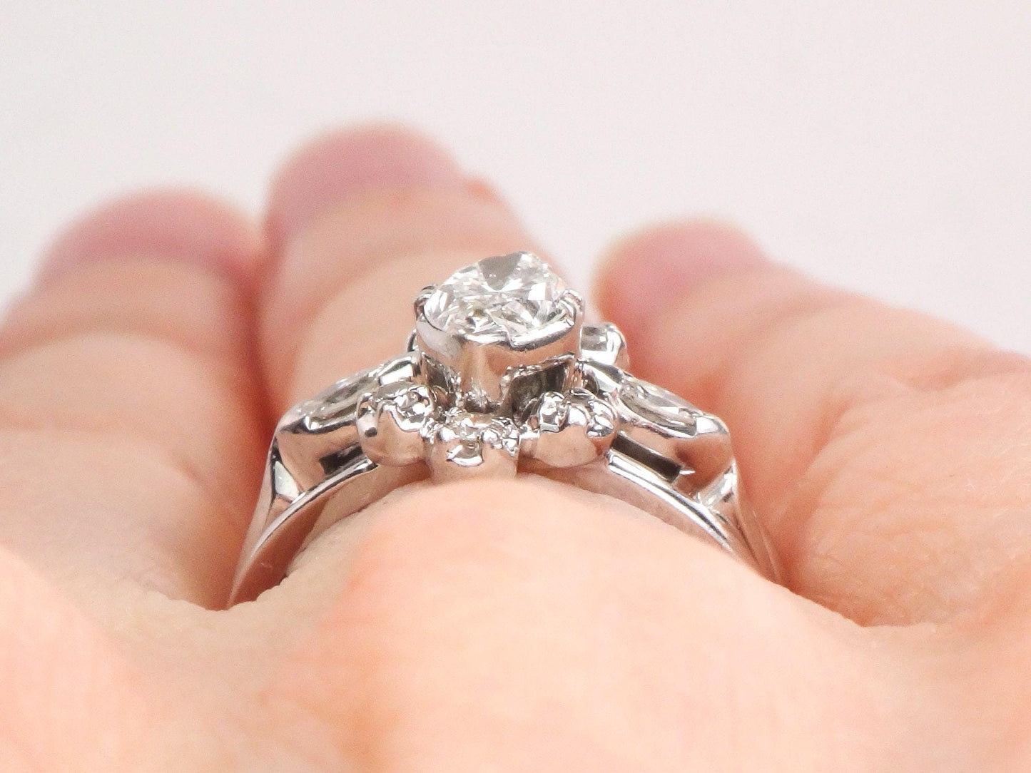 Vintage Marquise Diamond Engagement Ring Set: 14k White Gold, Insert Wedding Band, Size 5.75