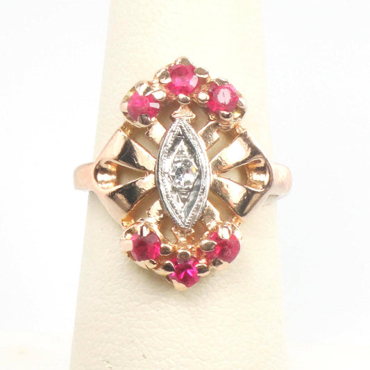1940s Retro 14k Rose Gold Ruby Diamond Ring - July Birthstone, Size 6