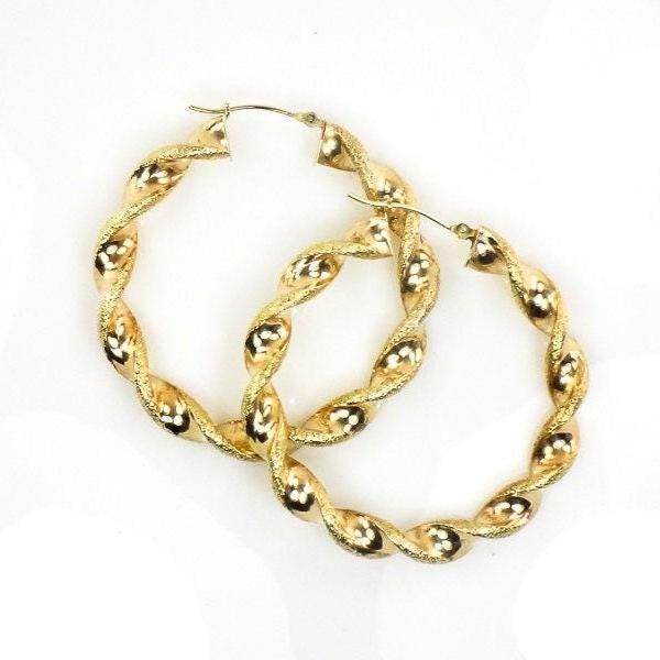 Large 14k Hoop Earrings with Fancy Twist Design - Vintage 14k Yellow Gold 1.75" Round Shape - Fine Jewelry