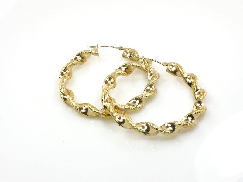 Large 14k Hoop Earrings with Fancy Twist Design - Vintage 14k Yellow Gold 1.75" Round Shape - Fine Jewelry